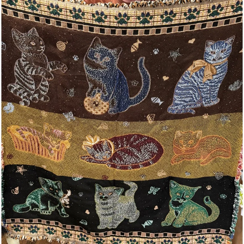 Kitty Corner Woven Tapestry Throw Blanket OS Multi Kitten Cat Art *Flawed*